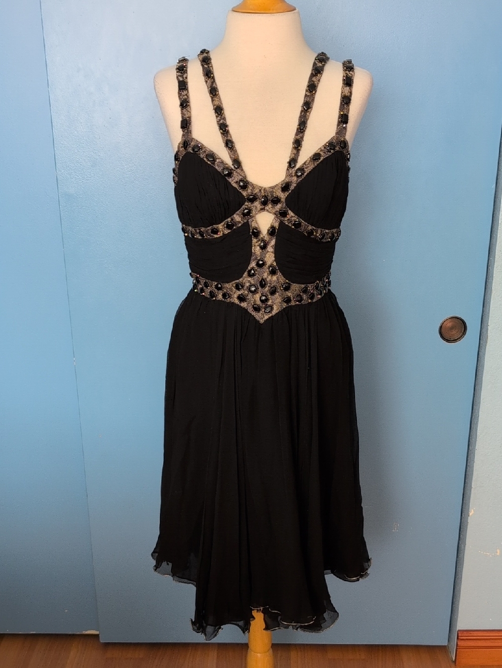 NWT Mandalay Black 100% Silk Beaded Strappy Cutout Midi Cocktail Dress Size 8